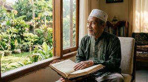 Pria Muslim lanjut usia membaca Al-Qur'an dengan tenang sebagai bekal menuju akhir kehidupan.